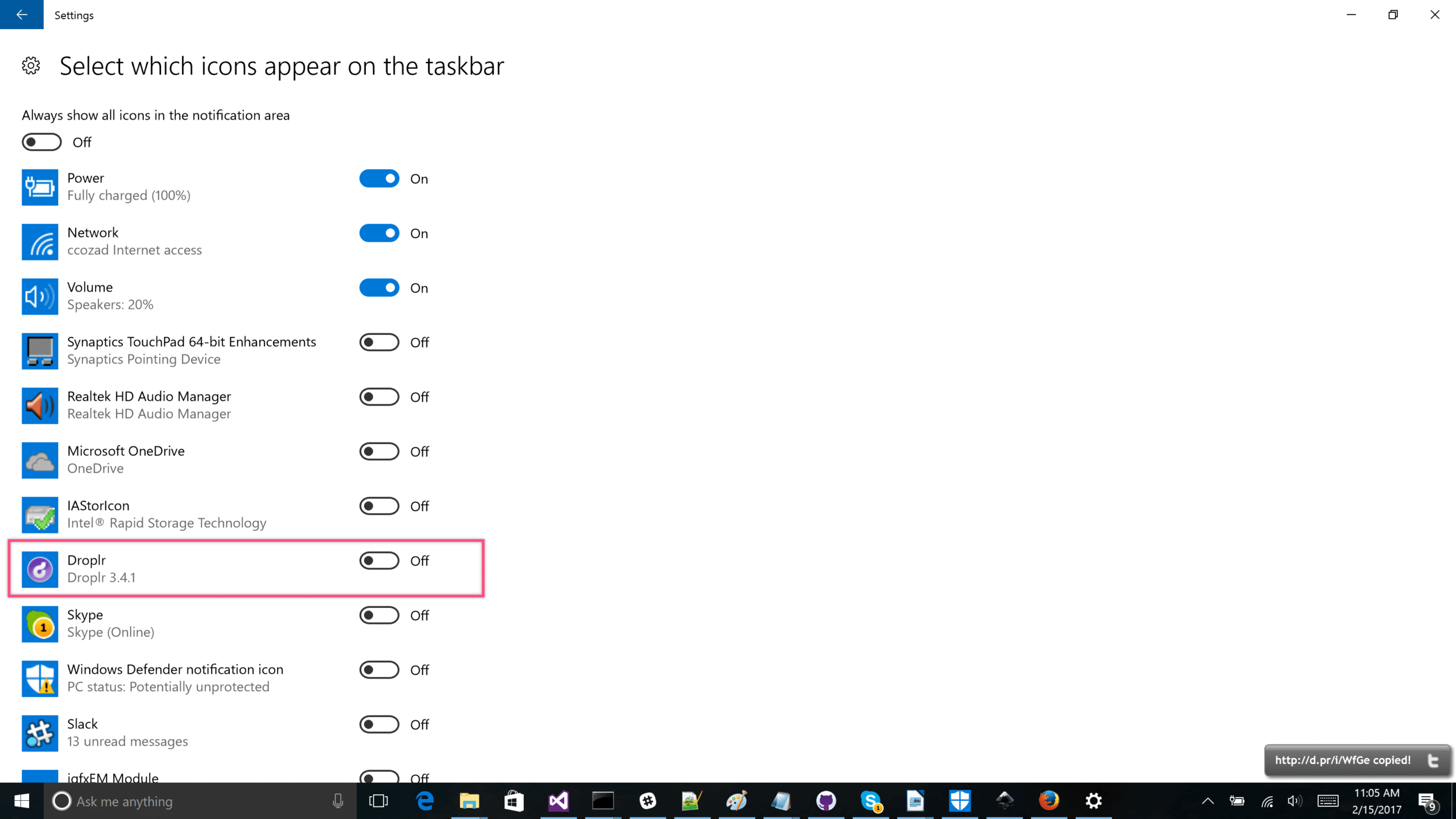 Show the Droplr Icon in the Windows System Tray